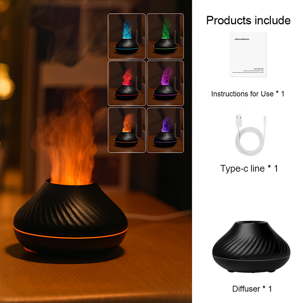 Volcanic Aroma Diffuser Essential Oil Lamp 130Ml USB Portable Air Humidifier with Color Flame Night Light